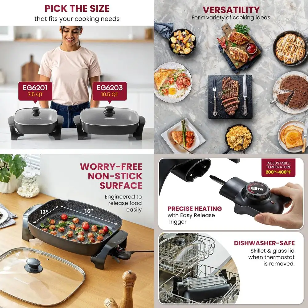 

Deep 16x13x3.2 10.5Qt Scratch-Resistant Electric Skillet with Tempered Glass Lid, Non-stick, Dishwasher Safe, Adjustable Temp, B