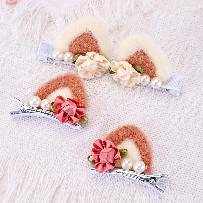 Oaoleer 4Pcs/set New Cat Ear Hair Clip For Girls Cute Felt Fabric Flower Hairpin with Pearl Kids Barrettes Baby Hair Accessories