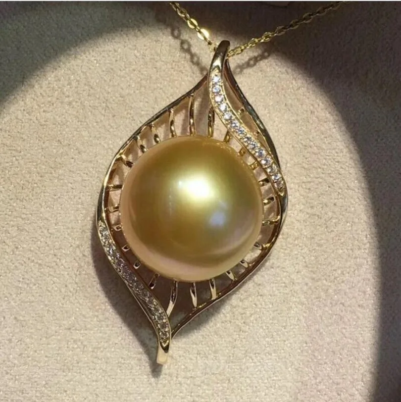 Large AAAA 11-12mm South China Sea Round Gold Pearl Pendant Necklace 18 inches 925's