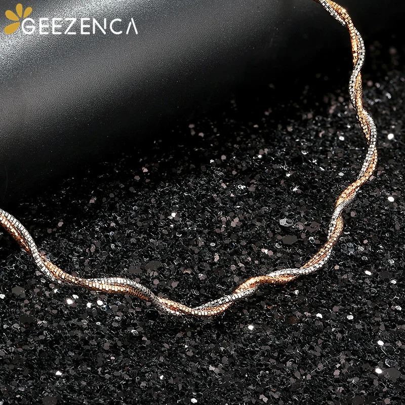 GEEZENCA Real 925 Silver Double-thread Woven Choker Necklaces For Women Trendy Snake Chain Wave Necklace Italian Jewelry Gift