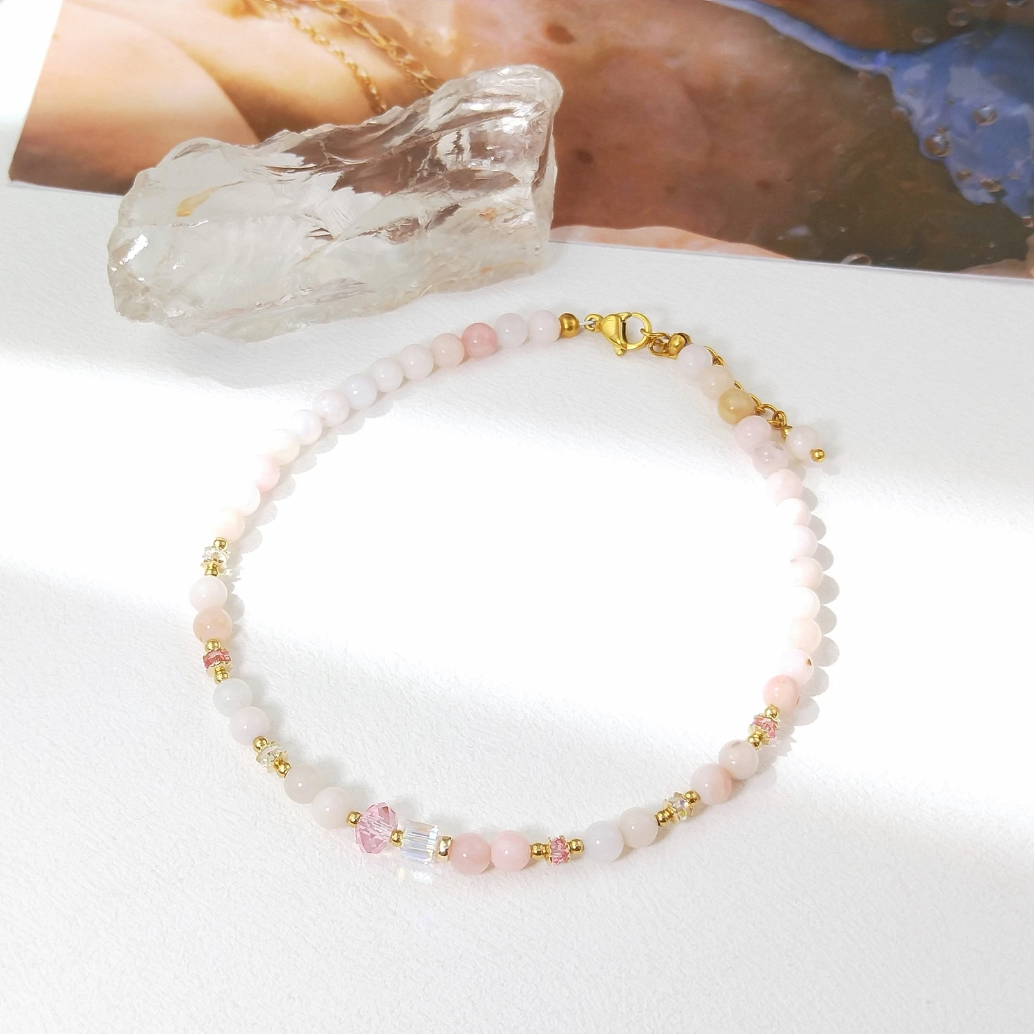 Lii Ji Pink Opal 4mm Beaded Anklet 22.5+3cm Handmade Bohe Fashion Jewelry For Female