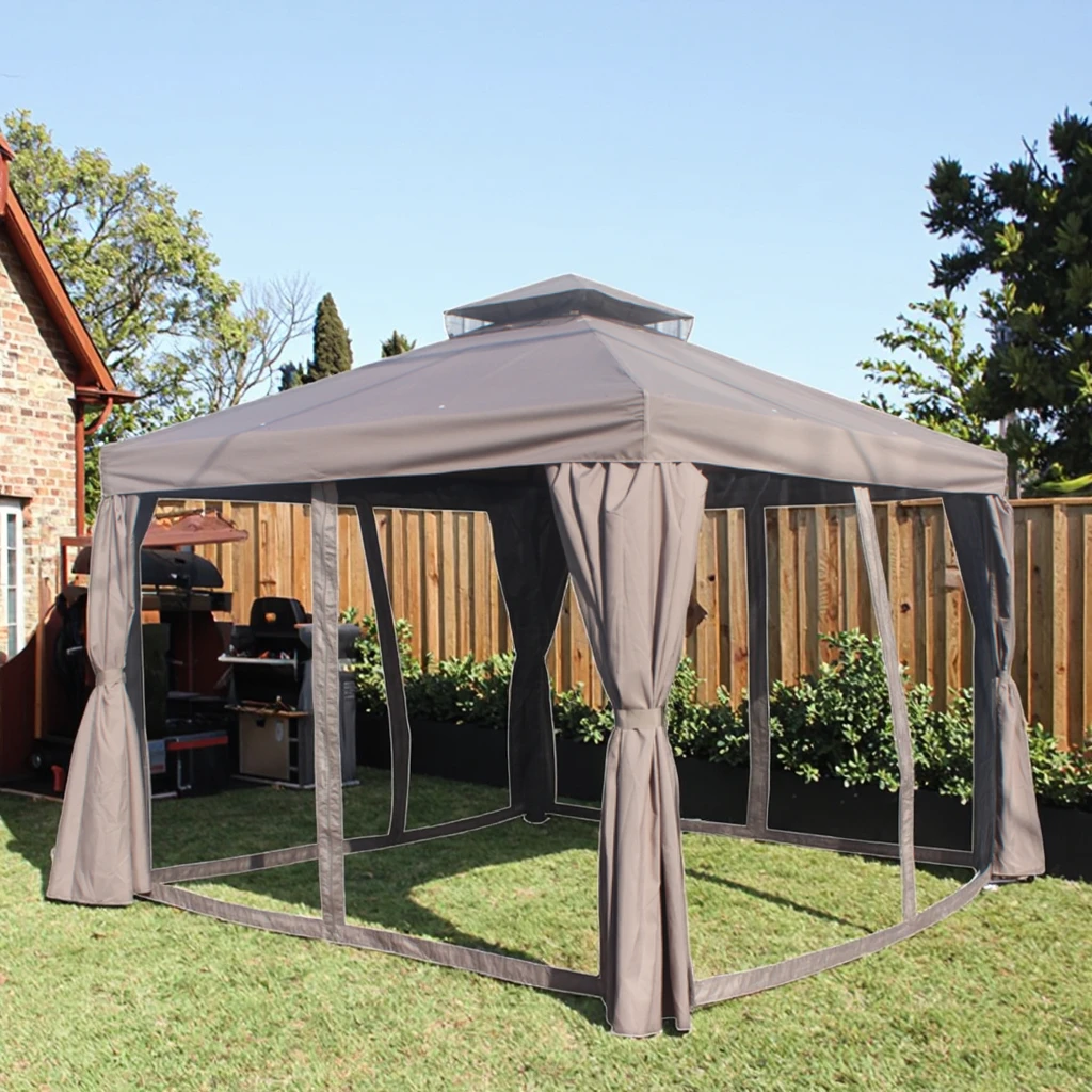 3X3M Outdoor Party Event Aluminum Garden Rome Mesh Gazebo Shelter Double Canopy Roof Netting Sidewall Balcony Powder Coated