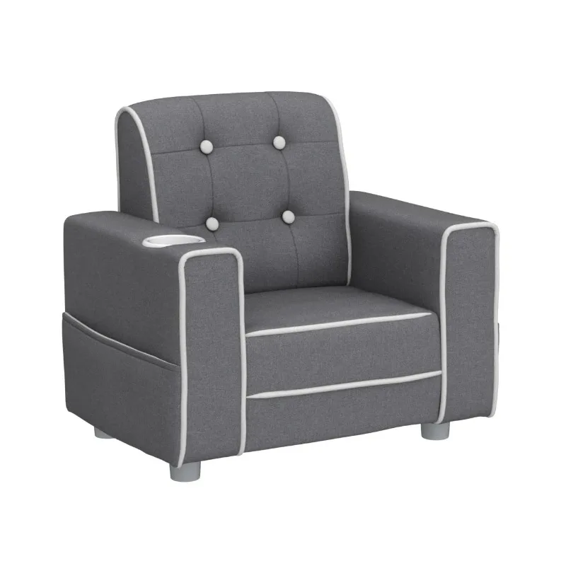 

Kids Upholstered Chair with Cup Holder and Storage Pockets, 16"D x 21.75"W x 21"H,Hold up to 110 Kilograms,Soft Grey