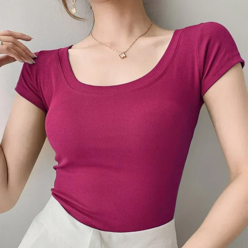 Female O-Neck Knitted Sheath Tee Shirt 2026 Short Sleeve T-shirt Woman Clothing Slim Fit Tops Street Wear Sex Sporty Y2K New