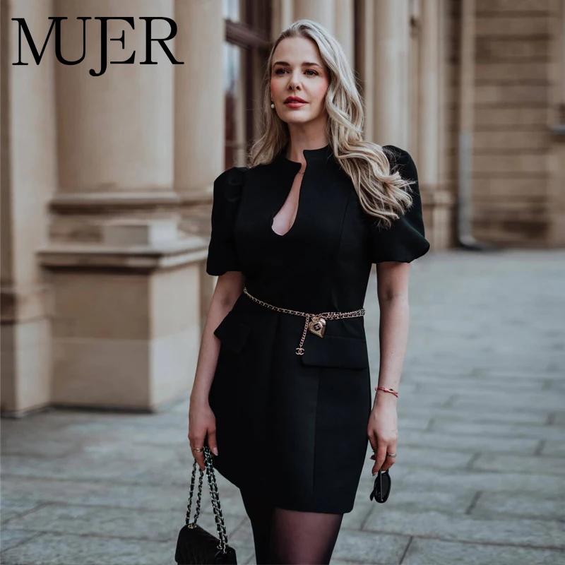 MUJER Kurze Kleider mit Puffärmeln für Damen, schwarz, Bürokleid mit Rüschen, Sommer-Partykleider, Damen-Vintage-Minikleid für Damen