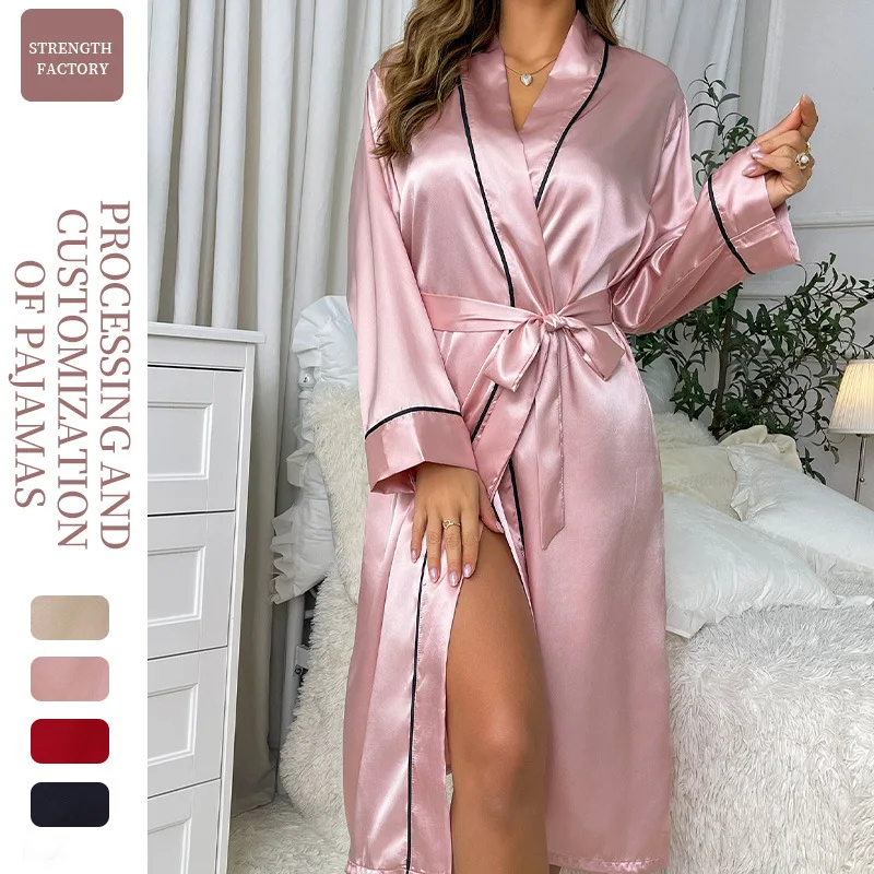 

Summer Thin Long Length Ice Silk Robe Women's Fashion Minimalist Sexy Cardigan Bathrobe Manufacturer Stock Loungewear