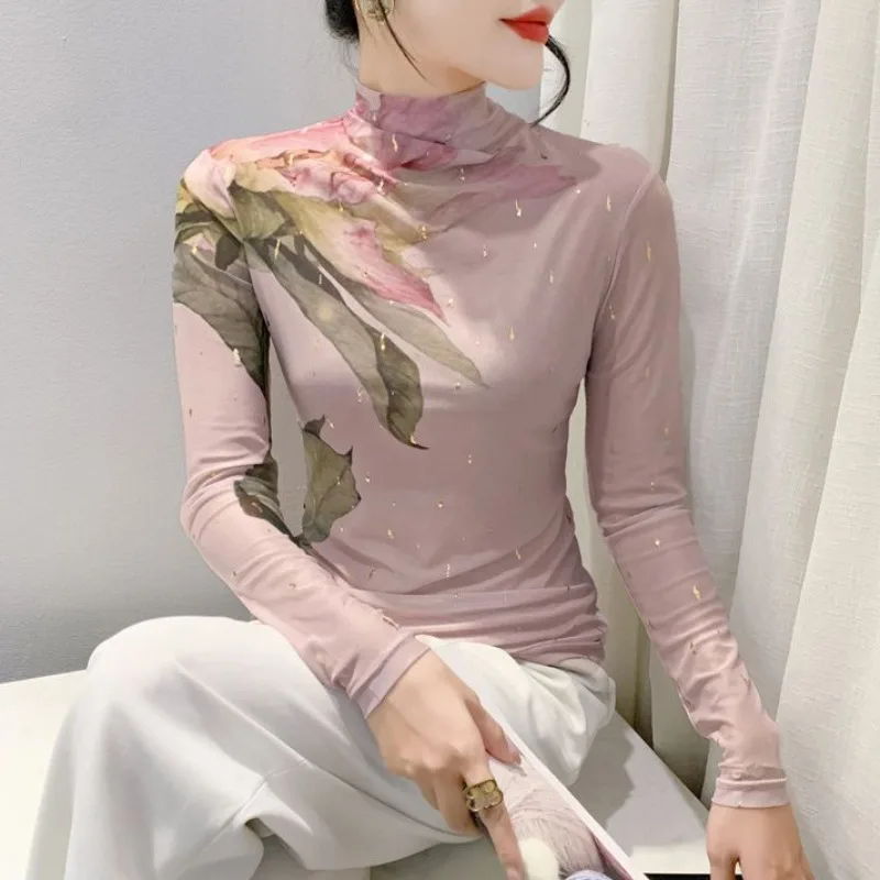 Light Luxury Round-neck Base Layer Shirtnew Fashion Slimming Printed Long-sleeved Top Autumn Winter Versatile Mini Shirt Women