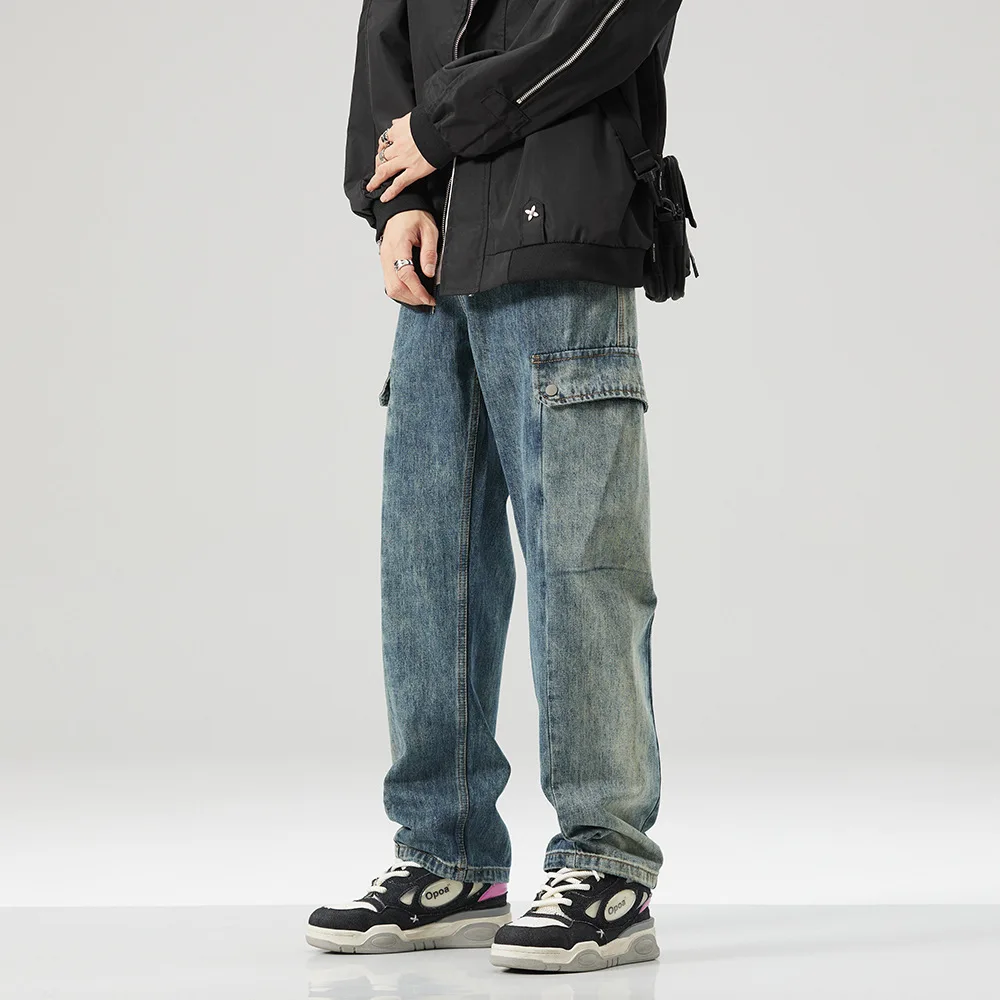High quality long straight cargo jeans for men plus size cotton denim casual vintage trousers new 2024 clothing - blue