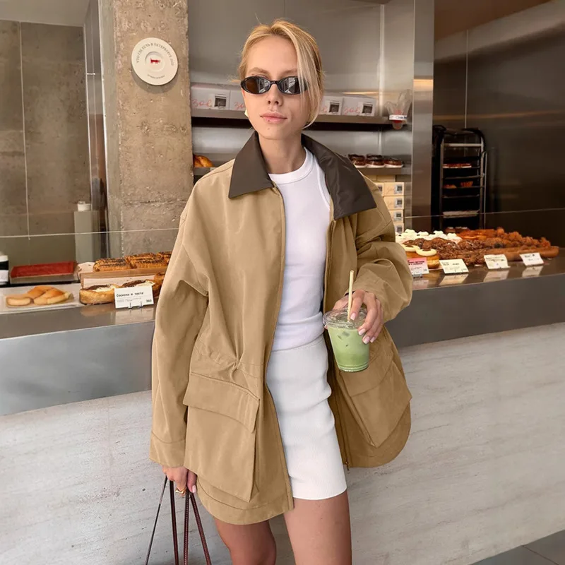 Contrast Lapel Trench Jacket For Women Casual Loose Fit Zip Up Style With Drawstring Waist Functional Pockets Urban Chic Look
