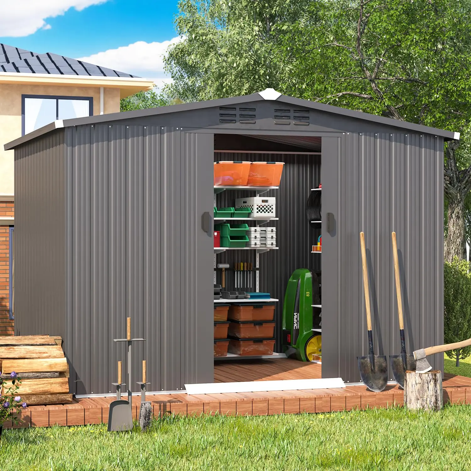 8x6 FT Galvanized Steel Outdoor Storage Shed, Small Metal Garden Tool Shed with Sloped Roof & Lockable Double Sliding view 6