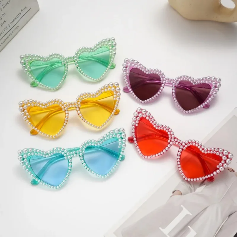 Fashion Pearl Love Heart Sunglasses Women's Large Frame Bling Glasses Wedding Party Decorative Sunglasses Y2K Couple Sun Glasses