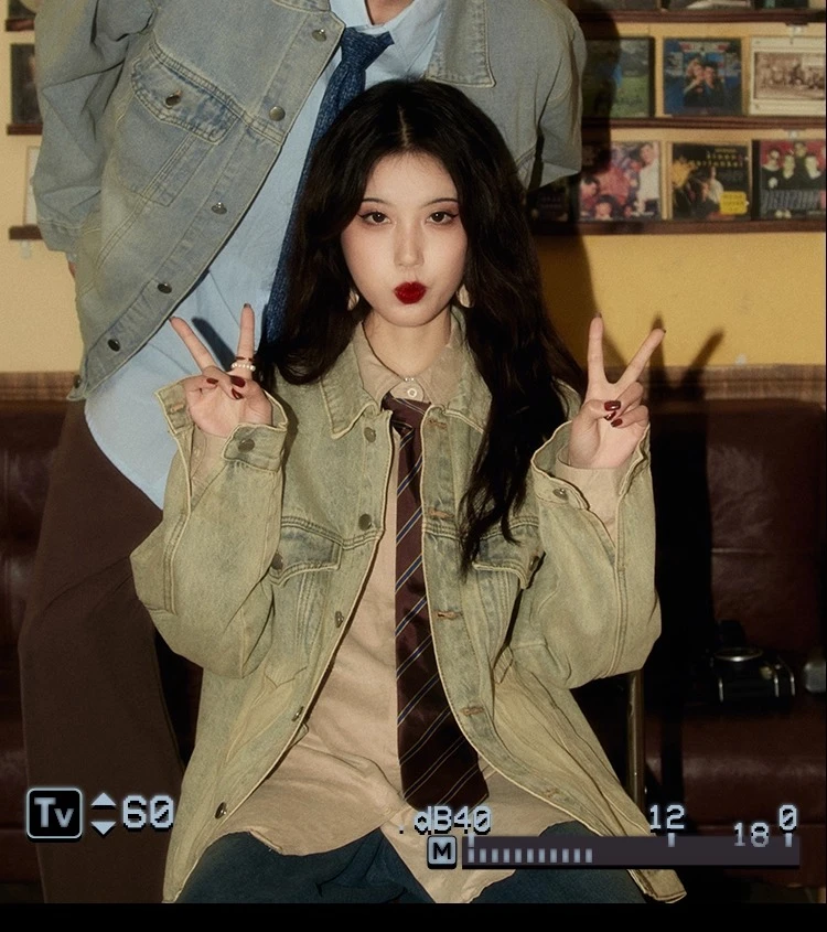 الربيع والخريف جديد خمر المرأة بدوره إلى أسفل طوق غسلها الأزرق الدنيم سترة زوجين الزي عمال معطف أزرق داكن أسود #2