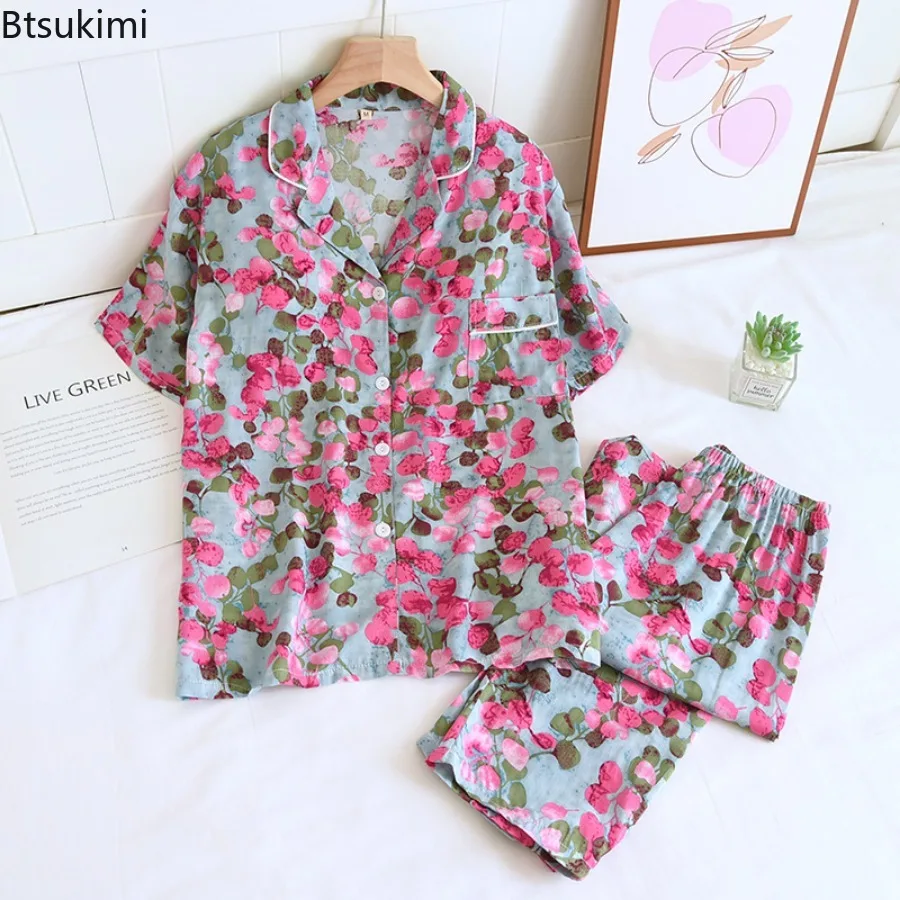 Women's Summer Casual Pajamas Set with Chest Cushion Home Pijima Two-piece Suit for Sleepwear Printed Plus Size Female Pijima