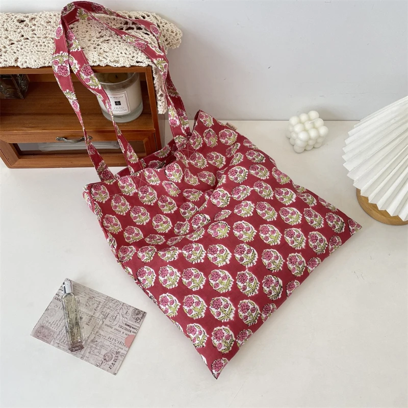 

Vintage Floral Print Girls Handbags Large Capacity Lightweight Female Shopping Bag Portable Casual Tote Shoulder Bags for Women
