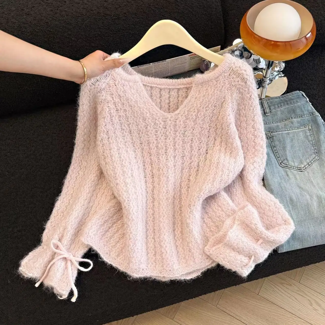 Vrouwen Roze Trui Koreaanse Stijl 2000s Vintage Lange Mouwen V-hals Gezellige Kasjmier Trui Voor Vrouwen Shoujo Kleding Lente