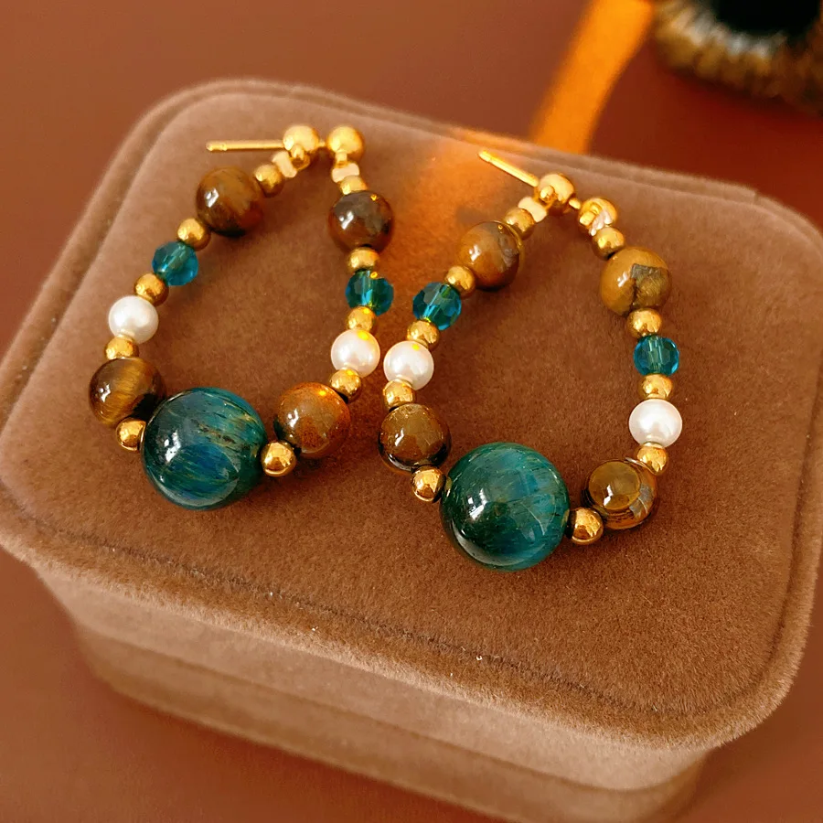 Vintage Colorful Round Tiger's Eye Stone Hoop Earrings Ethnic Style Blue Glass Beaded Ear Buckles Charms Party Jewelry Bijoux K1