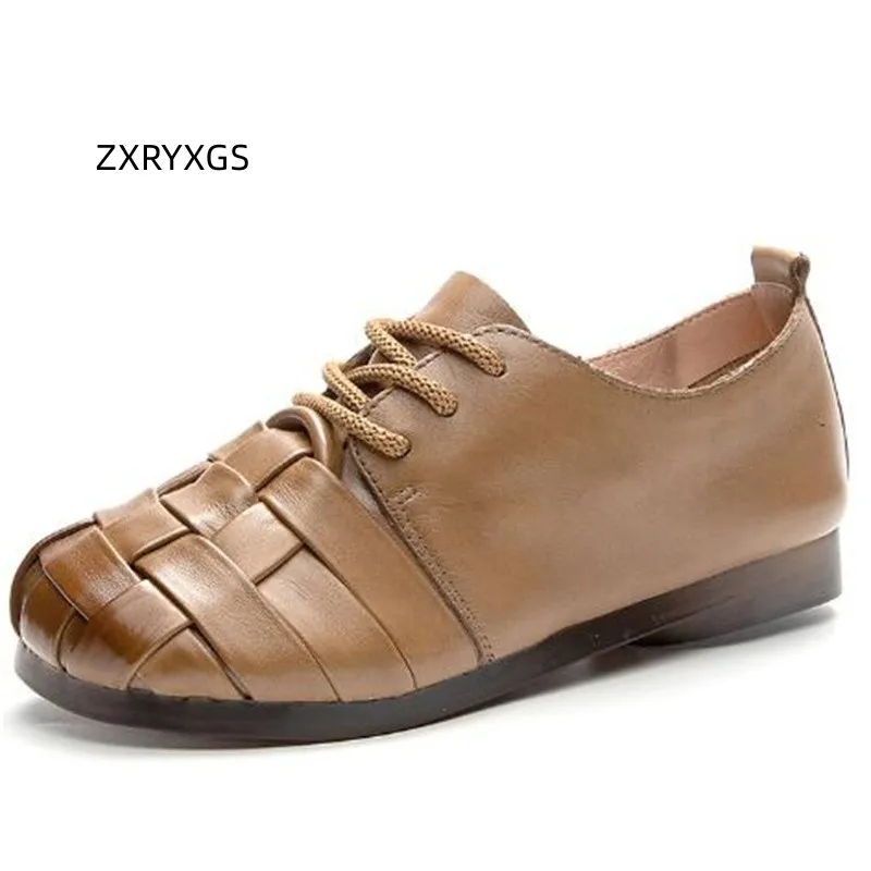 

ZXRYXGS High Quality 100% Genuine Leather Weave Retro Soft Sole Flat Shoes Woman New 2023 Breathable Comfort Trend Shoes Flats