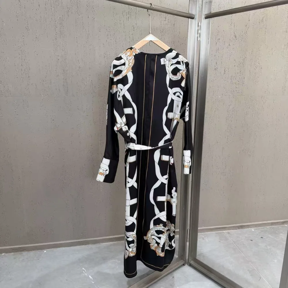 High Street High End Retro Positioning Dresses Women's Printed Long Sleeved Versatile Loose Temperament Dresses