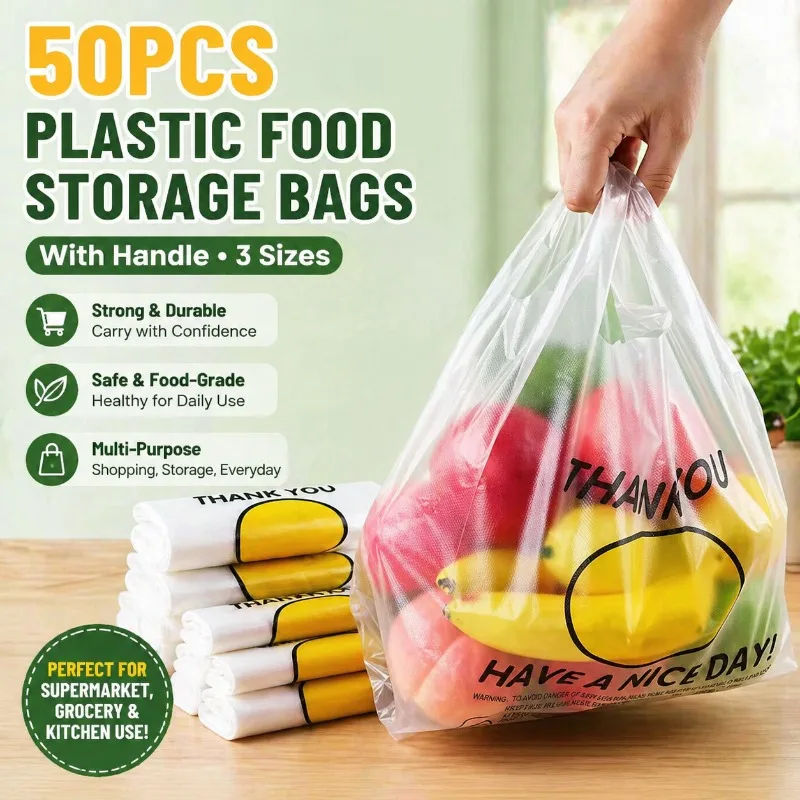 Sacolas Plásticas para Armazenamento de Alimentos com Alça, Sacola de Compras de Supermercado, Sacola Útil para Compras, Cesta de Armazenamento para Cozinha