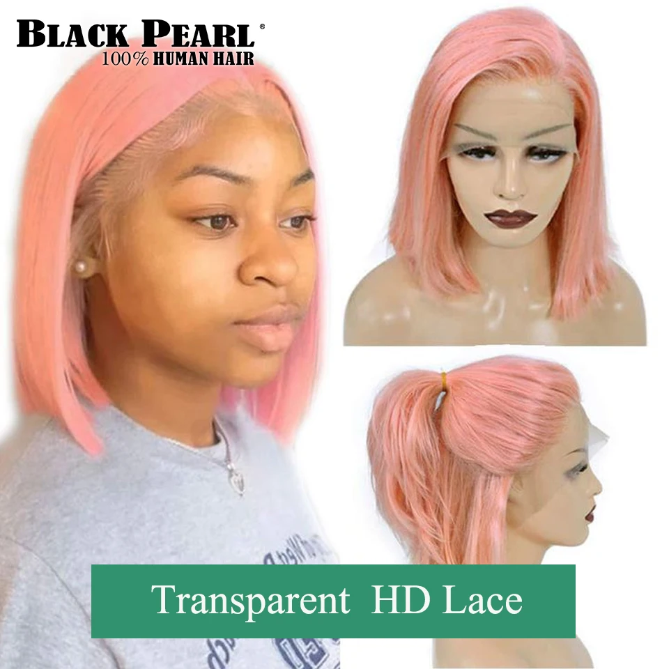 Perucas de cabelo humano sedosas e retas para mulheres, peruca rosa Bob, nós branqueados, pré-arrancados, transparentes