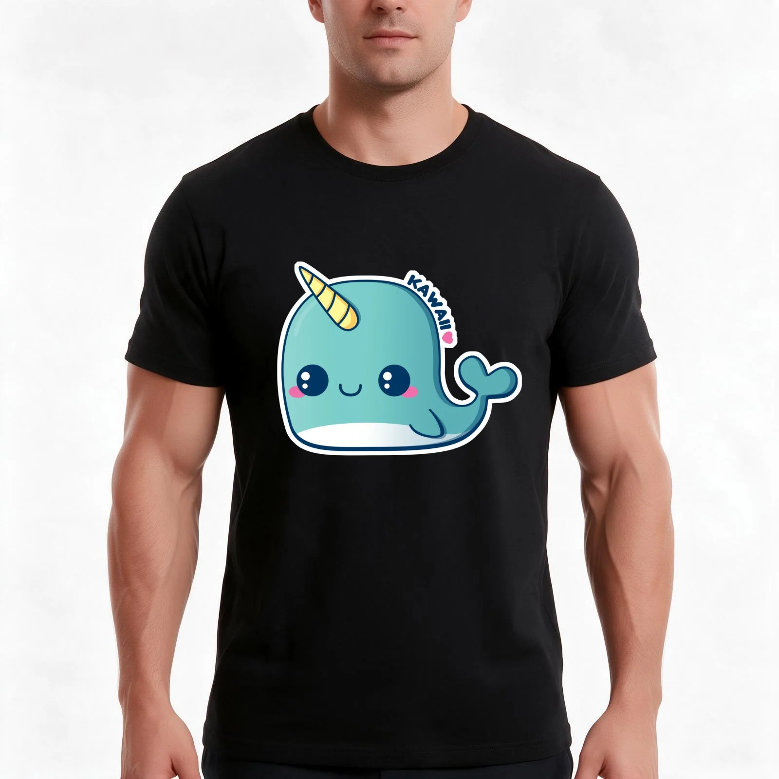 Kawaii Blue Narwhal T-Shirt, Summer Casual Cotton Tee, Oversized Streetwear Tops, Vintage Graphic Print, Loose Fit Short Sleeve