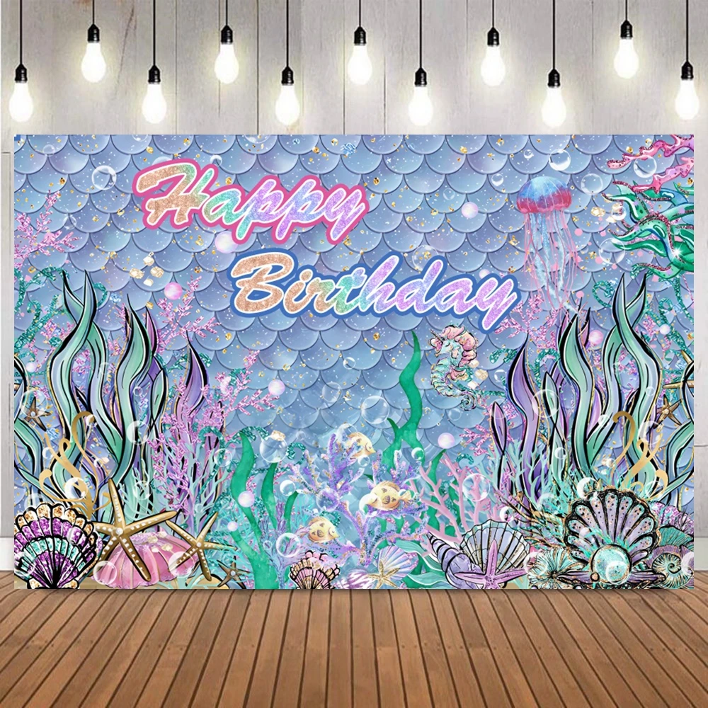 Meerjungfrau-Hintergrund für Fotografie, Mädchen, Prinzessin, Geburtstag, Party, Meerjungfrauenschwanz, Meeresboden, Muschel, Babyparty, Fotohintergrund, Dekor-Requisiten