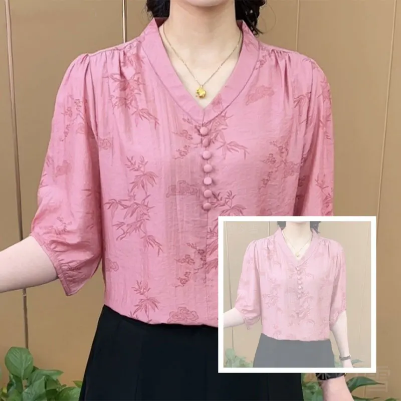 Fashion Button Vintage Printed Shirt Women\'s Clothing Casual V-Neck Loose Chinese Style Summer Commute Basic Half Sleeve Blouse