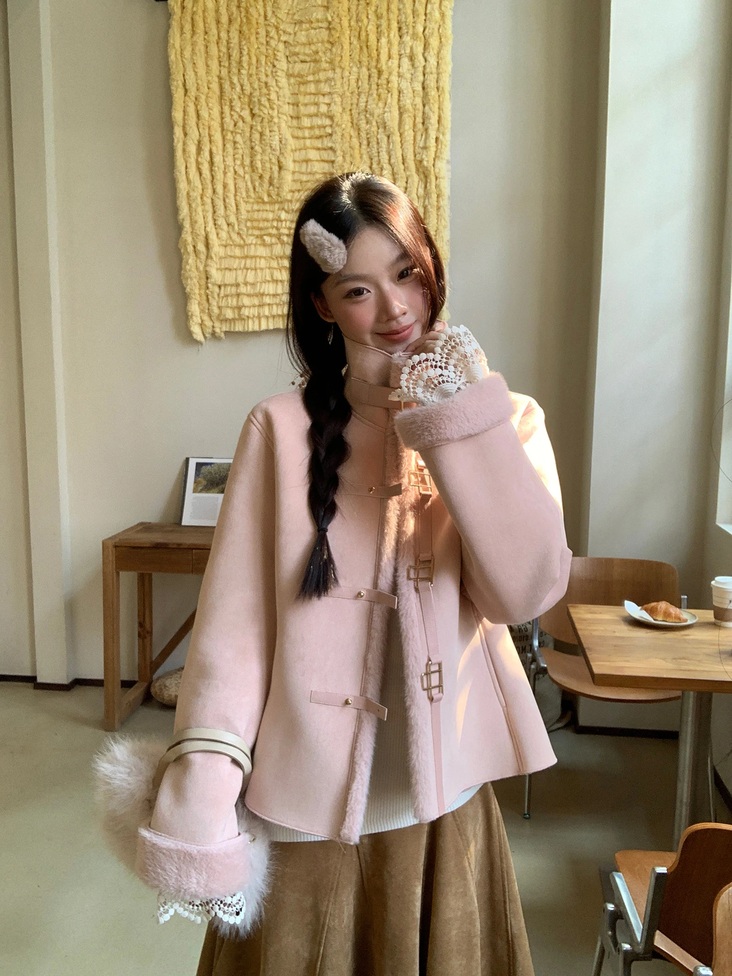 

G Sle Winter 2025 Женское розовое шерстяное пальто Уникальное пальто Ele для поездок на работу Прямой крой из полиэфирного волокна Длинная молния J...