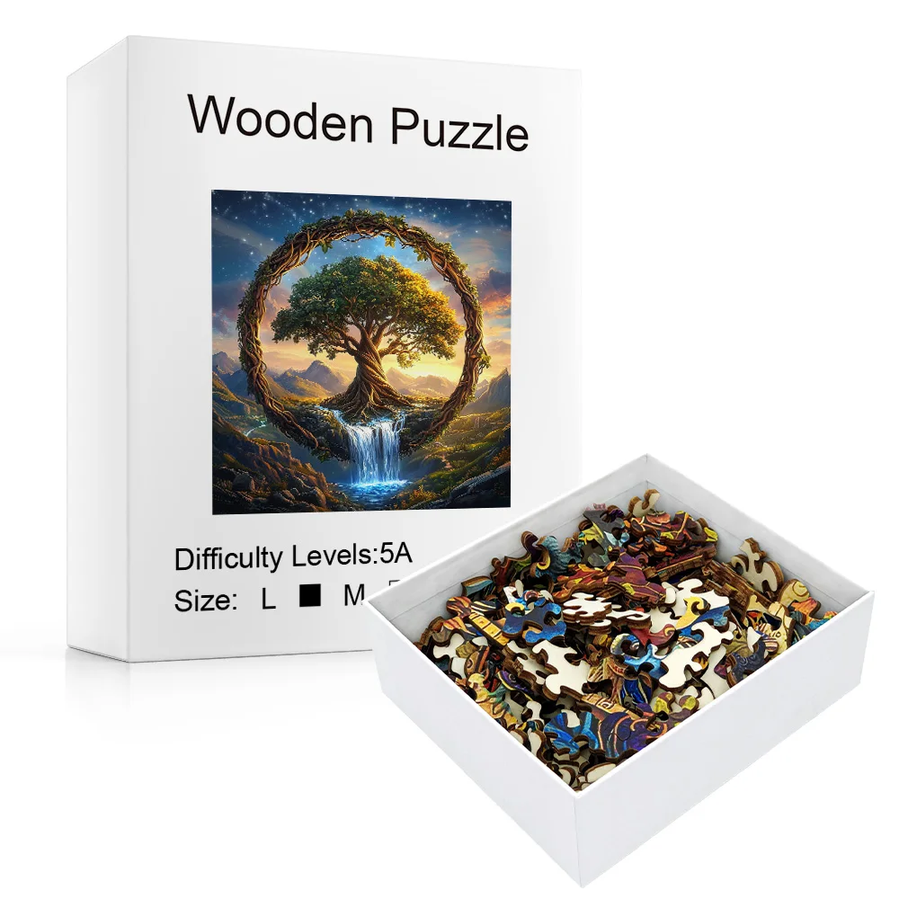 Colorful Tree of Life Wooden Puzzle: Vibrant Natural & Celestial Art-Inspired Design | Handcrafted Brain-Teasing Family Activity