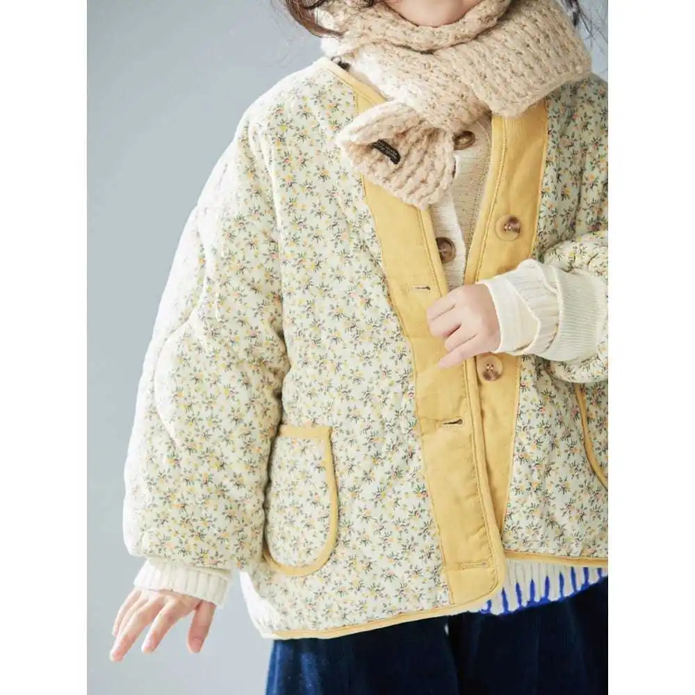 Thick Girls\' Winter Korean Cute Floral Padded Corduroy Goose Yellow Padded Fashion Warm Casual Sweet Jacket