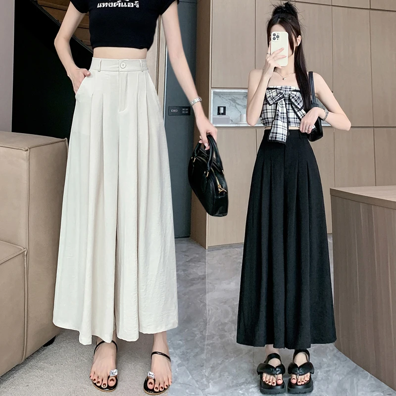 

Ice Silk Wide Leg Skirt Pants Women Summer Thin New Style Pleated Loose Cool Nine Point Casual Long Pants High Waist Zipper P...