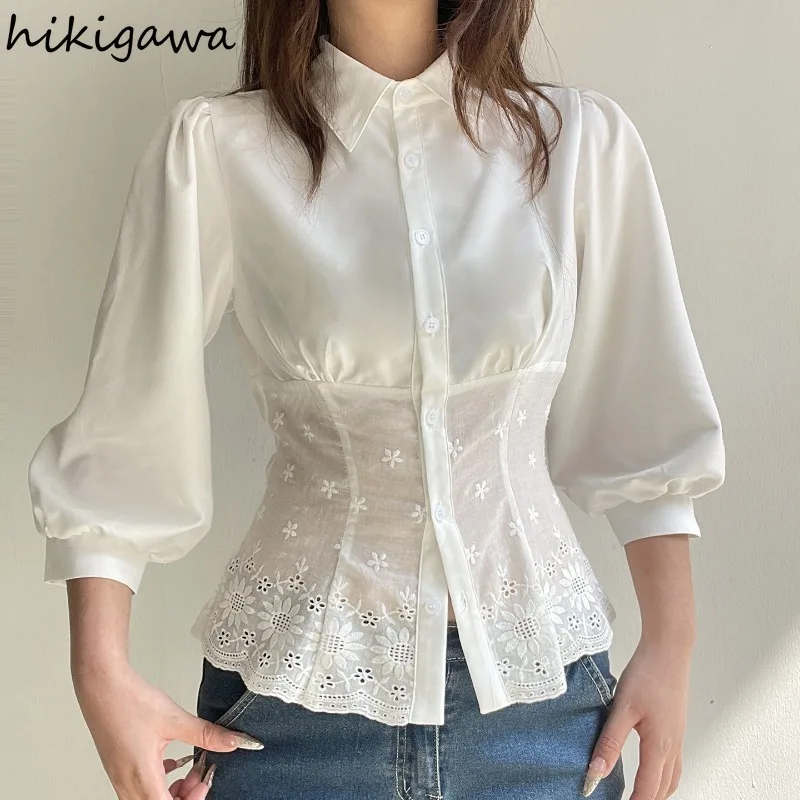 

White Women Slim Waist Lantern Sleeve Summer Blouses 2025 Blusas Mujer De Moda Patchwork Lace Temperament Blouse Tops Female