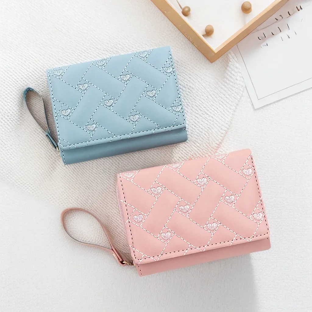 Love Embroidered Wallet Women's Short Zero Wallet Women's Triple Fold Bag Multi Card Large Capacity Versatile Fashion Wallet