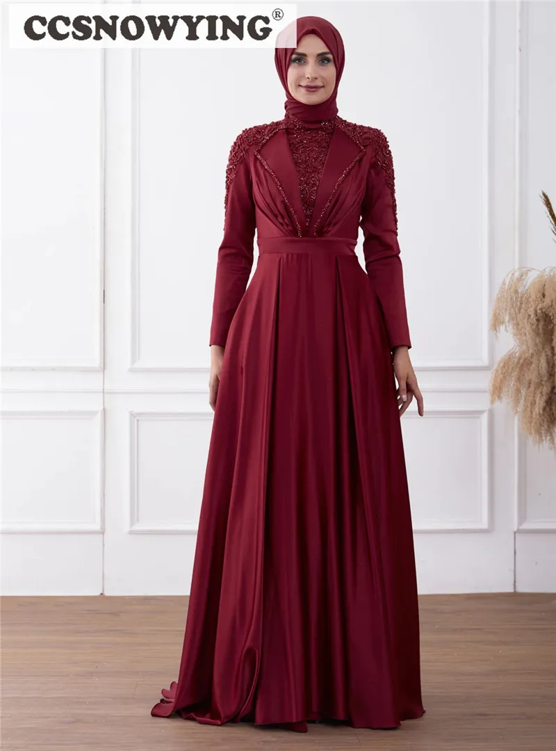 

Burgundy Satin Long Sleeve Muslim Evening Dresses Appliques Islamic Hijab Prom Formal Party Gown High Neck Arabic Dubai Kaftan