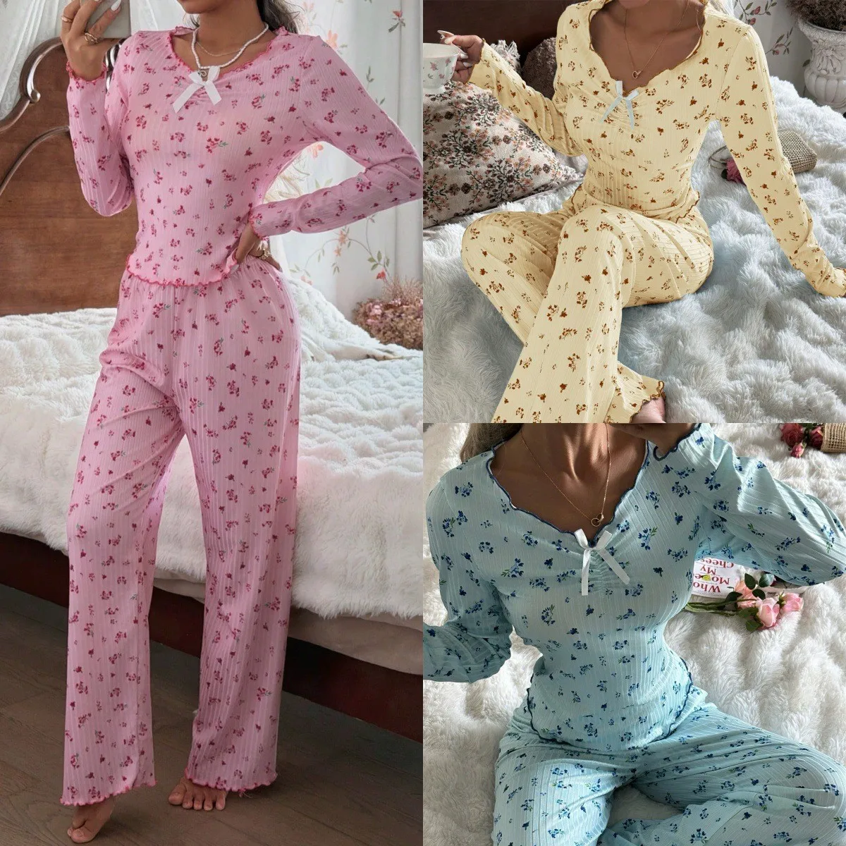 

Woman Matching Pajama Floral Print V Neck Sleepwear Set Long Pants Wide Leg Loungewear Set Two Piece Pastel Pink Pajamas