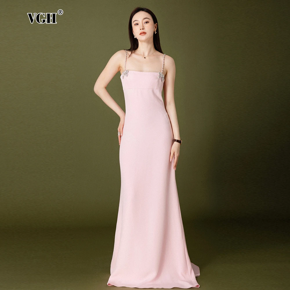 

VGH Elegant Spliced Bowknot Diamonds Evening Dress For Women Square Collar Sleeveless Backless High Waist Slim Long Dress Female