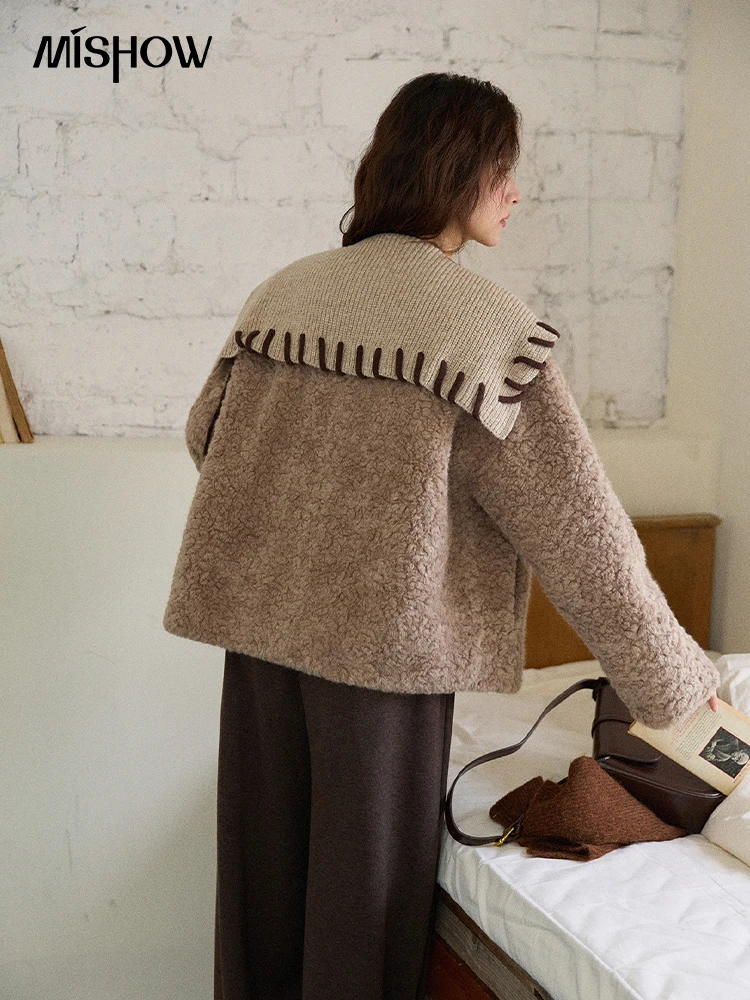 MISHOW chaquetas de invierno para mujer 2025 Retro tejido Patchwork cuello vuelto. Abrigo corto suelto cómodo abrigo para ir al trabajo MXE87W0989