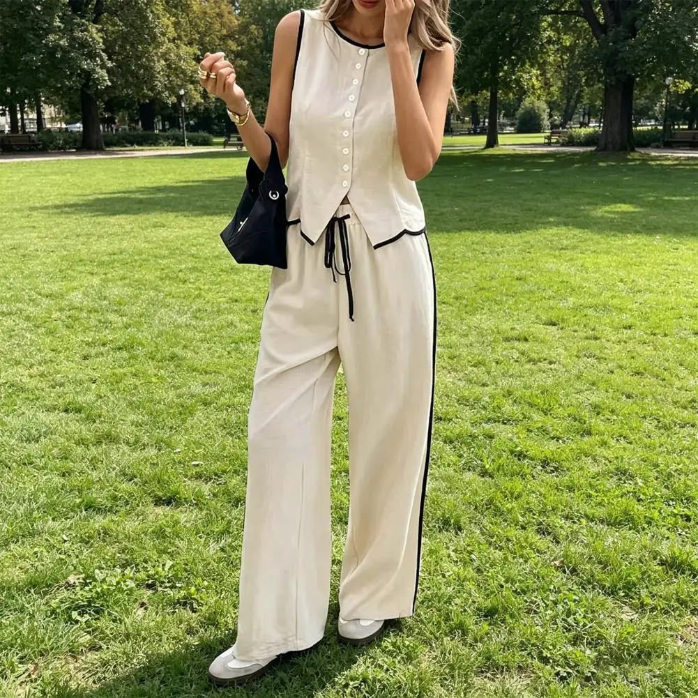 

Women Summer 2 Piece Outfits Sleeveless Button Down Vest Wide Leg Pants Sets Casual Business Work Matching Set 여자 의류