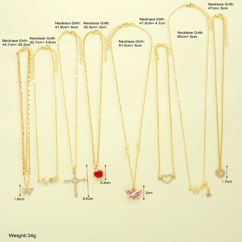 8 Pcs Simple Temperament Necklace Set For Women Elegant Gold Color Crystal Butterfly Cross Rose Heart Star Pendant Necklaces