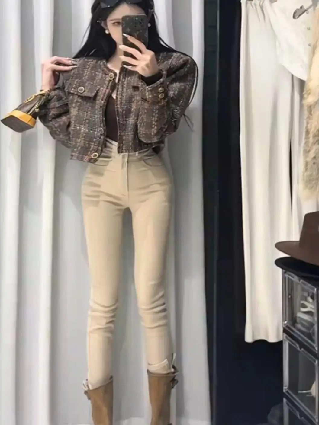 

High Waist Elastic Slim Fit Khaki Colored Tee Button Women's Denim Jeans Pencil Nine Point Pants Cotton Stretch Denim