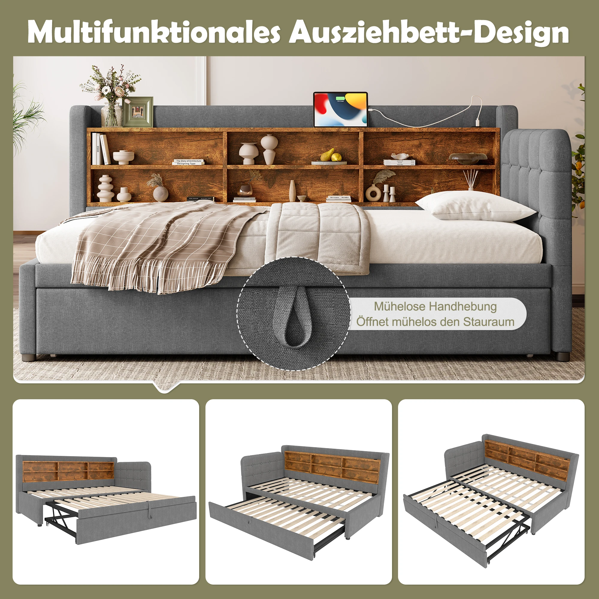Tagesbett, 90*200cm(180x200cm), Tagesbett, Schlafsofa, Ausziehbett Design, USB+Typ C,Ablageflächen,Lattenost(ohne Matratze) – Detail 2