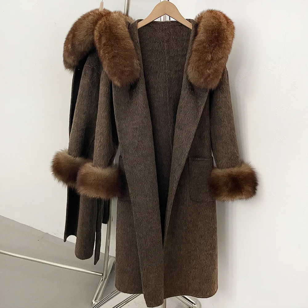 OFTBUY Wollmantel mit Echtfellkragen und Kapuze, Gürtel, 100% Wolle, Damen, Herbst/Winter, Luxus, Lange Kleidung mit Naturfell – Detail 29