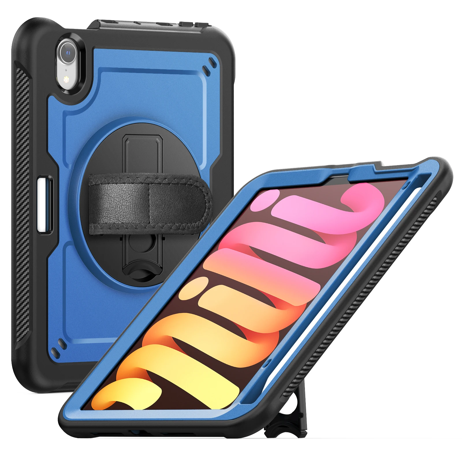 For iPad mini (2024) / (2021) Case Kickstand PC TPE Tablet Cover with Hand Strap - Navy Blue