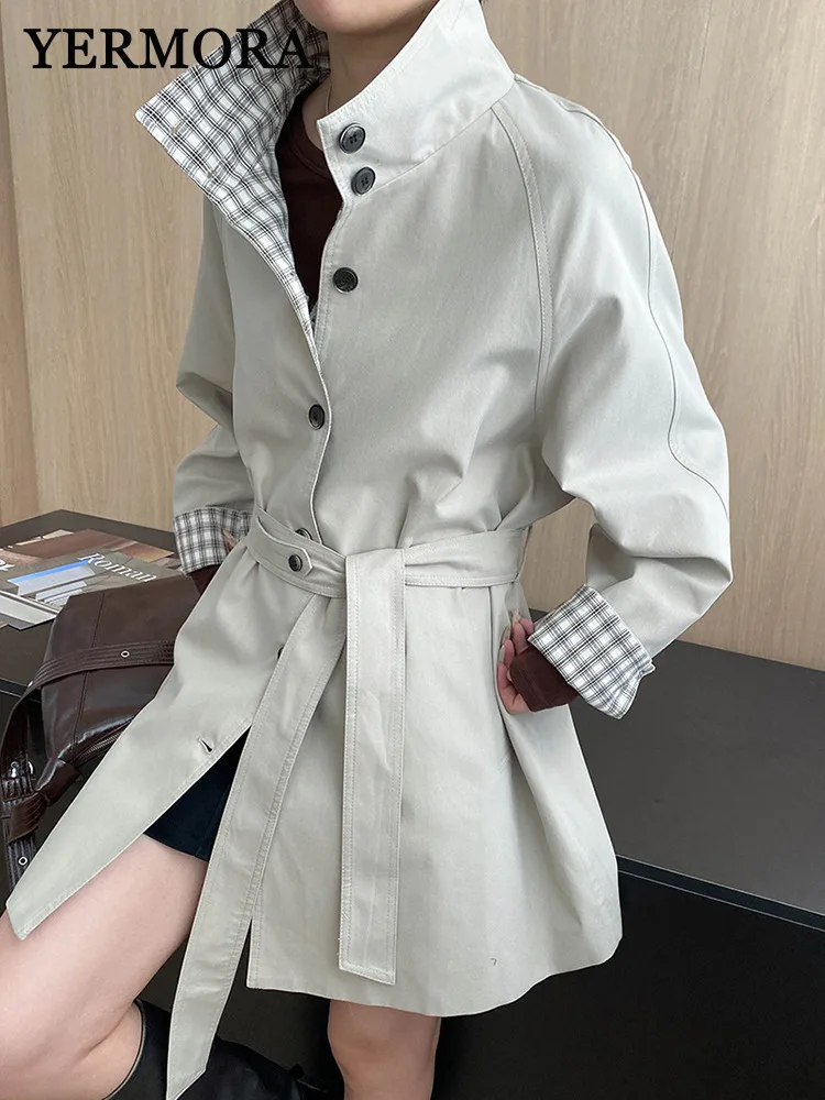 

YERMORA Beige Button Plaid Belt Brief Trench Coat For Women Lapel Long Sleeve Loose New Windbreaker Fashion Spring Autumn 2025