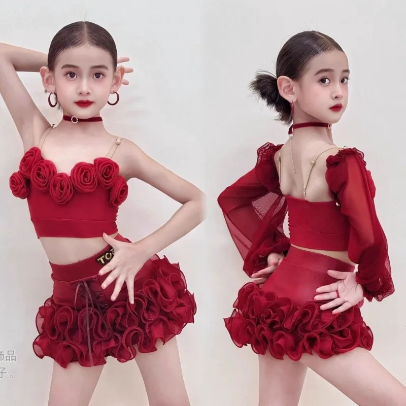 Customized Girls' Latin Dancewear Practice Clothes High End Long Sleeve 3D Flower Strap Pong Short Skirt