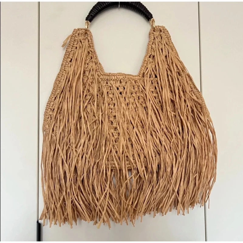 Brand Women Sac à Franges Bohemian Fringe Straw Tote, Summer Large Capacity Beach Handbag With Elegant Short Handle Underarm Bag