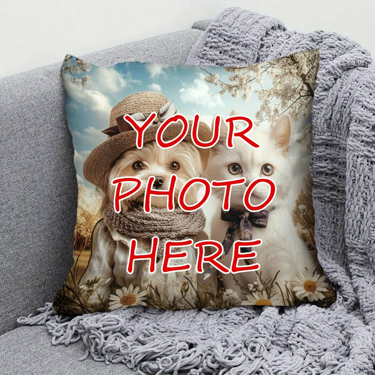 1 customized photo pillow cover 18x18 inch square short velvet polyester double-sided printed with heart-shaped design for birth