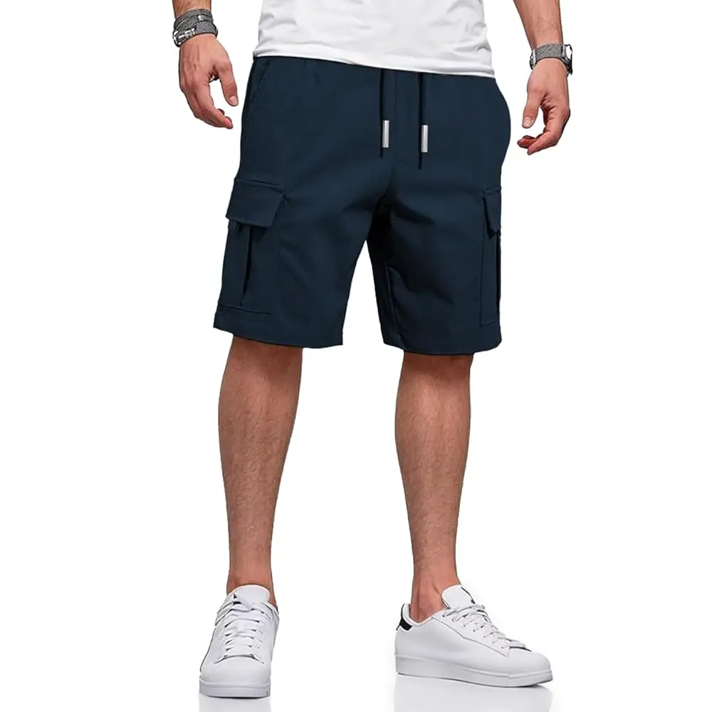 

Mens Cargo Shorts Drawstring Classic Chino Stretch 9\ Inseam Short with 6 Pockets