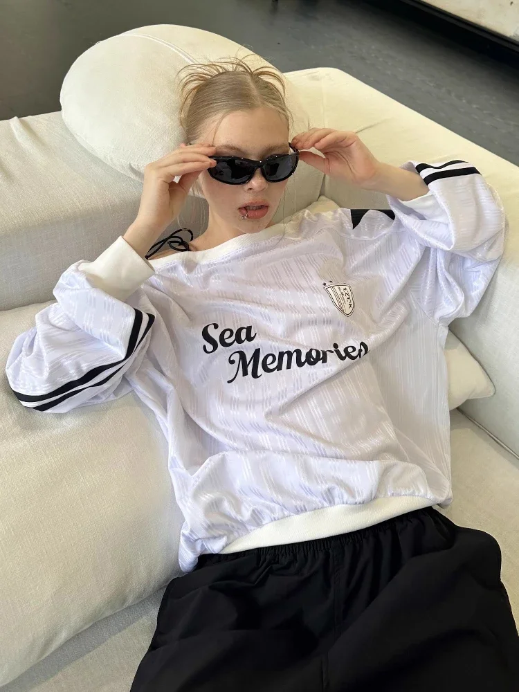 ADAgirl Sporty Chic Letter Graphic Oversized Long Sleeve T-shirts for Women Loose Casual Autumn Skew Collar Hip Hop Tee Shirt