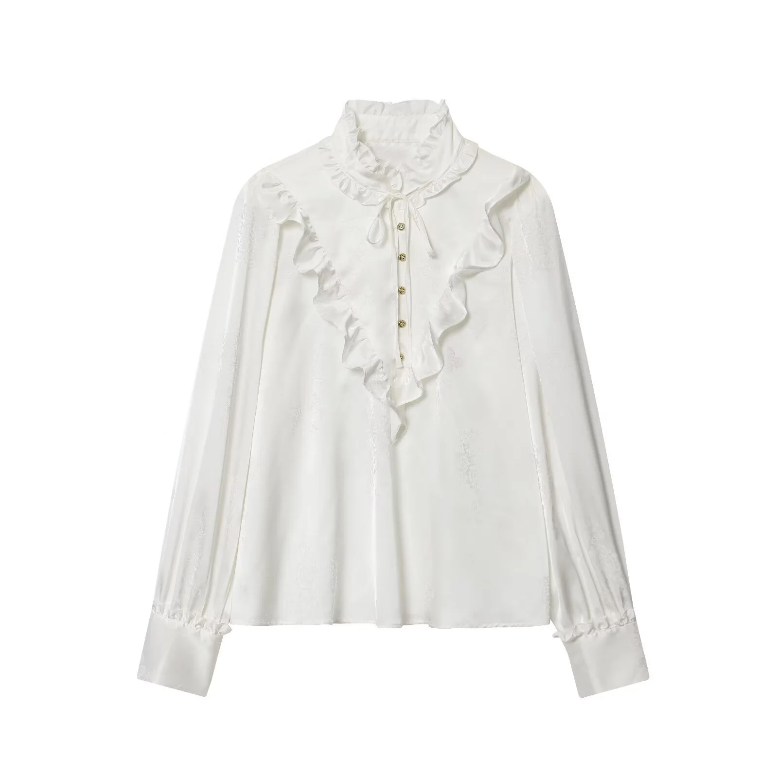 

Осень 2023, новая женская рубашка с длинными рукавами и воротником-стойкой с грибовидным краем, жаккардовая шелковая текстурированная рубашка